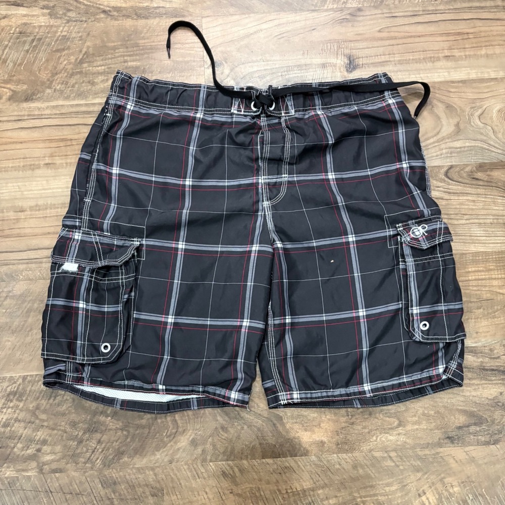 Vintage Y2K OP Board Shorts Mens Large Black Plaid Cargo Swim Trunks 2000s Surf